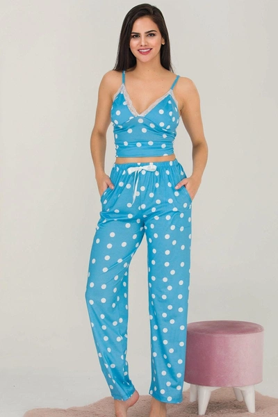 Büstiyerli Puantiyeli Mavi Kadın Pijama Takımı Lady 12536