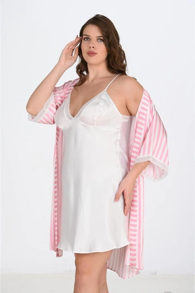 Büyük Beden 2li Beyaz-pembe Sabahlıklı Geceli Takımı Bigsize Ahu Lingerie 6210