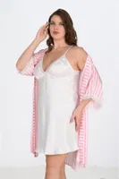 Büyük Beden 2li Beyaz-pembe Sabahlıklı Geceli Takımı Bigsize Ahu Lingerie 6210 Beyaz
