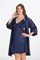 BÜyük Beden 2li Lacivert Sabahlık Gecelik Takım Bigsize Ahu 6208 Lacivert