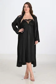 Ahu Lingerie Büyük Beden 2li Siyah Sabahlıklı Gecelik Takımı Bigsize Ahu 6221