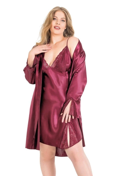 Büyük Beden Bordo Kısa İkili Saten Sabahlık Gecelik Takımı Ahu Lingerie 6156