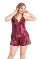 Büyük Beden Bordo Saten Babydoll Şort Takımı Ahu Primoda 1059 Bordo