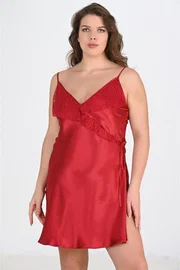Ahu Lingerie Büyük Beden Bordo Saten Kadın Gecelik Ahu Primoda 2107