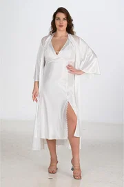 Ahu Lingerie Büyük Beden Ekru Sabahlık Gecelik Takımı Bigsize Ahu 6224