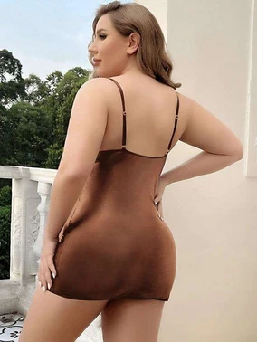 Real Passione Büyük Beden Kahverengi Deri Fantazi Elbise Real Passione 40012 - Alternatif Görünüm