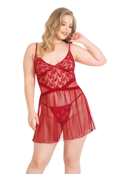 Büyük Beden Kırmızı Kısa Tül Gecelik Primoda Ahu Lingerie 3033