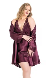 Ahu Lingerie Büyük Beden Mürdüm Kısa İkili Saten Sabahlık Gecelik Takımı Ahu 6162