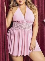 Büyük Beden Pembe Dantel Bel Fantezi Gecelik Pink Night 6681 Pembe