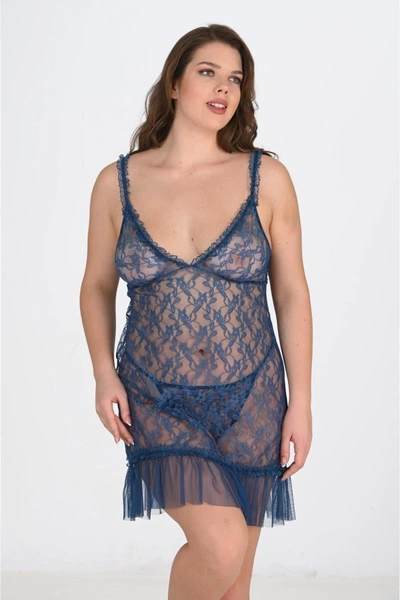 Büyük Beden Petrol Mavisi Gecelik Ahu Lingerie Primoda 3042