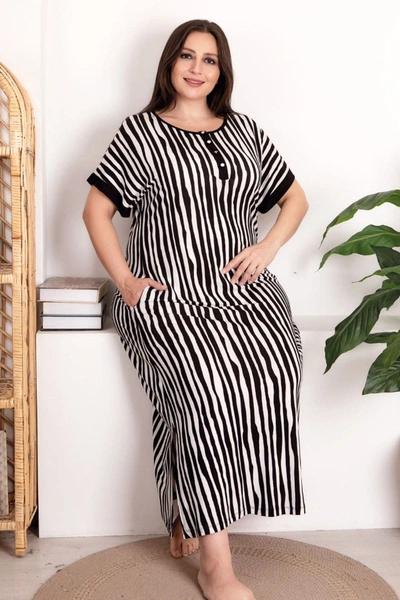 Büyük Beden Viskon Anne Beden Elbise Çizgili Gecelik Lady 7256
