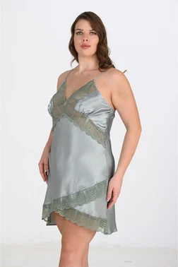 Ahu Lingerie Büyük Beden Yeşil Saten Dantelli Gecelik Ahu Primoda 2113