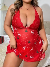 NightLight Büyük Beden Yılbaşı Özel Kırmızı Gecelik Takım Nightlight 3697