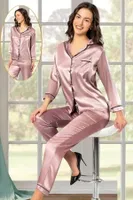 Cepli Gömlek Yaka Saten Önden Düğmeli Vizon Kadın Pijama Takımı XSES 2105 Vizon
