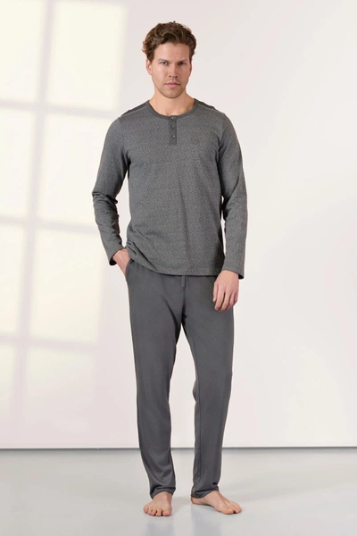 Cepli Gri Düğmeli Yaka T-Shirt Erkek Pijama Takımı Doreanse 25K4530