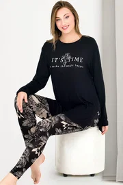 Lady Çiçek Desenli Bisiklet Yaka Uzun Kollu Kapri Lady Pijama Takımı 11671