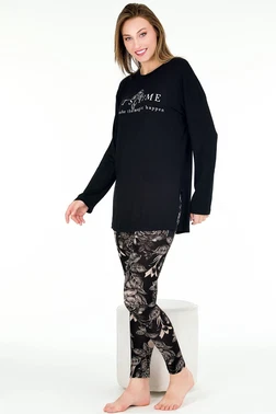 Lady Çiçek Desenli Bisiklet Yaka Uzun Kollu Kapri Lady Pijama Takımı 11671 - Alternatif Görünüm