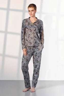 Doreanse Çiçek Desenli Gri Gömlek Yaka Kadın Pijama Takımı Doreanse 25K4030