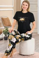 Çiçek Desenli Kısa Kol Tişört Pijama Takımı Lady 12550 Siyah detay görünüm