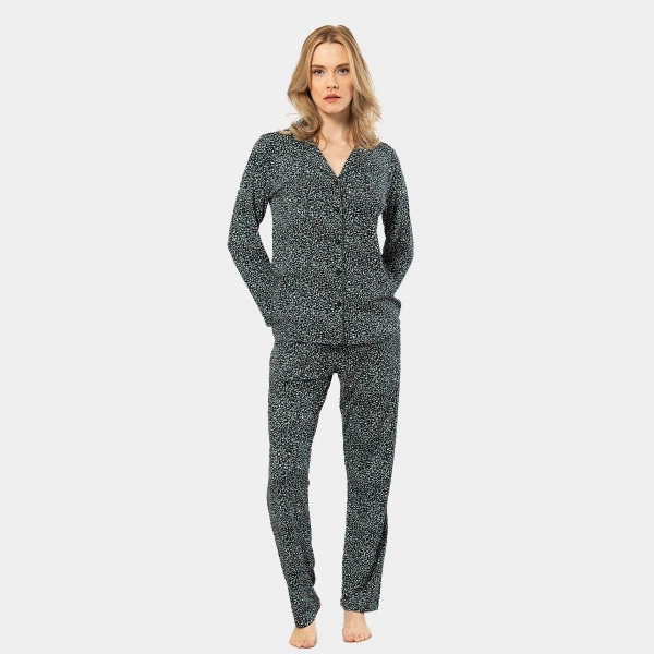 Düğmeli Çiçek Desenli Uzun Kollu Gömlek Yaka Kadın Pijama Takımı Türen 3379