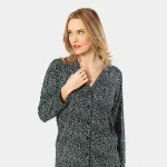Düğmeli Çiçek Desenli Uzun Kollu Gömlek Yaka Kadın Pijama Takımı Türen 3379 Yeşil görsel 4