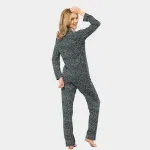 Düğmeli Çiçek Desenli Uzun Kollu Gömlek Yaka Kadın Pijama Takımı Türen 3379 Yeşil detay görünüm