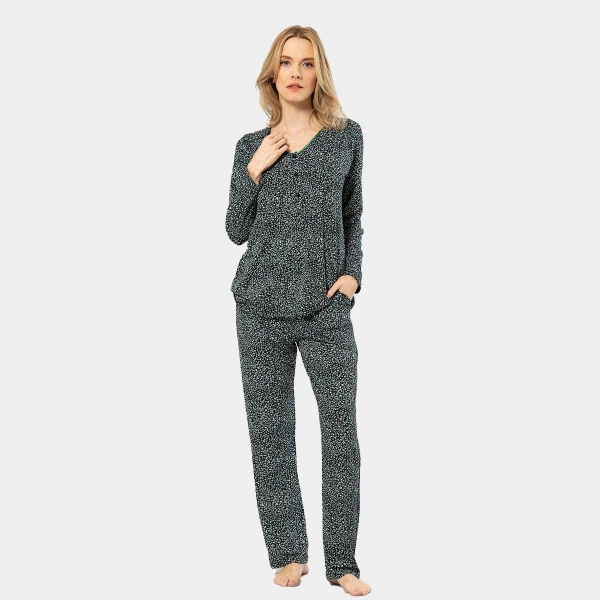 Cepli Çiçek Desenli Uzun Kollu Patlı Yeşil Kadın Pijama Takımı Türen 3382