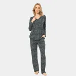 Cepli Çiçek Desenli Uzun Kollu Patlı Yeşil Kadın Pijama Takımı Türen 3382 Yeşil