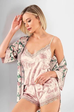 Ahu Lingerie Çiçekli Dantelli 3lü Şort Sabahlık Takımı Ahu Loriva 1923