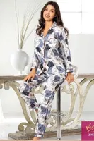 Çiçekli Saten Empirme Kadın Pijama Çeyiz Seti XSES 2000 Mavi