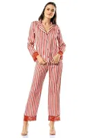Çizgili Kiremit İkili Saten Gecelik Pijama Takımı Ahu Loriva 1740 Kırmızı