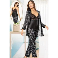XSES Daire Desenli 3Lü Dantelli Siyah Saten Empirme Sabahlık Pijama Çeyiz Seti XSES 2152