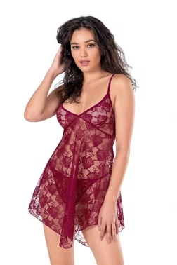 Ahu Lingerie Dantel TÜllü Bordo Kısa Tül Gecelik Ahu Lingerie Primoda 4115