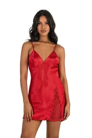 Ahu Lingerie Dantel Yırtmaçlı Kırmızı Kısa Saten Gecelik Ahu Primoda 8234