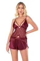 Dantelli Bordo Saten Babydoll Şort Takımı Ahu Primoda 9118 Bordo