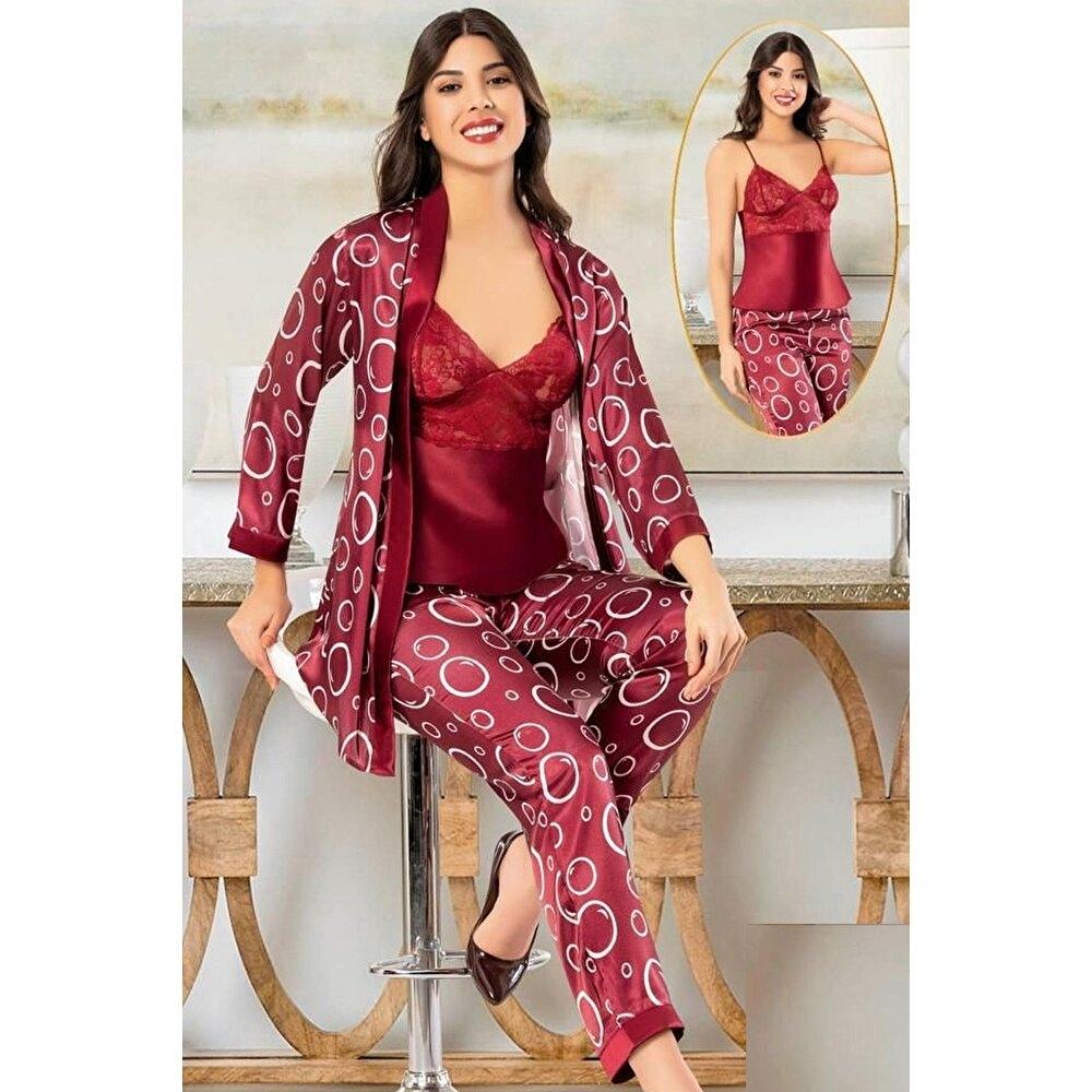 Dantelli Daire Desenli Saten Empirme Sabahlık Pijama Çeyiz Seti XSES 2152
