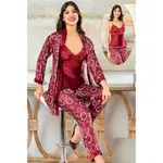 Dantelli Daire Desenli Saten Empirme Sabahlık Pijama Çeyiz Seti XSES 2152 Bordo