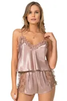 Dantelli Fırfırlı Vizon Saten Babydoll Şort Takımı Ahu Primoda 9065 Vizon