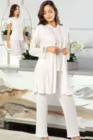 Dantelli Kadın Hamile Lohusa Sabahlıklı Pijama Takım XSES 4750 Ekru