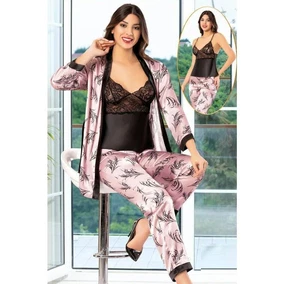 XSES Dantelli Saten Empirme Pembe Sabahlık Pijama Çeyiz Seti XSES 2150
