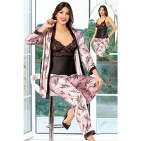XSES Dantelli Saten Empirme Pembe Sabahlık Pijama Çeyiz Seti XSES 2150