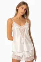 Dantelli Saten İnce Askılı V Yaka Şort Babydoll Takım Pierre Cardin 430  Ekru