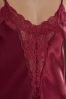 Dantelli Saten İnce Askılı V Yaka Şort Babydoll Takım Pierre Cardin 430  Bordo görsel 4