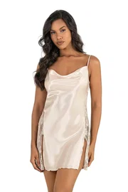 Ahu Lingerie Degaje Yaka Fildişi Kısa Saten Gecelik Ahu Primoda 8214