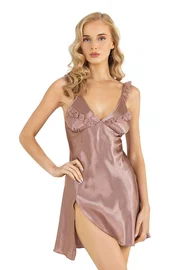 Ahu Lingerie Derin Yırtmaçlı Vizon Kısa Saten Gecelik Ahu Primoda 8237 