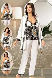 XSES Desenli Empirme 4Lü Saten Sabahlık Pijama Çeyiz Seti XSES 2155