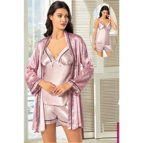XSES Digital Desenli Şortlu Saten Empirme Sabahlık Pijama Çeyiz Seti XSES 2156