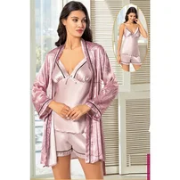 XSES Digital Desenli Şortlu Saten Empirme Sabahlık Pijama Çeyiz Seti XSES 2156