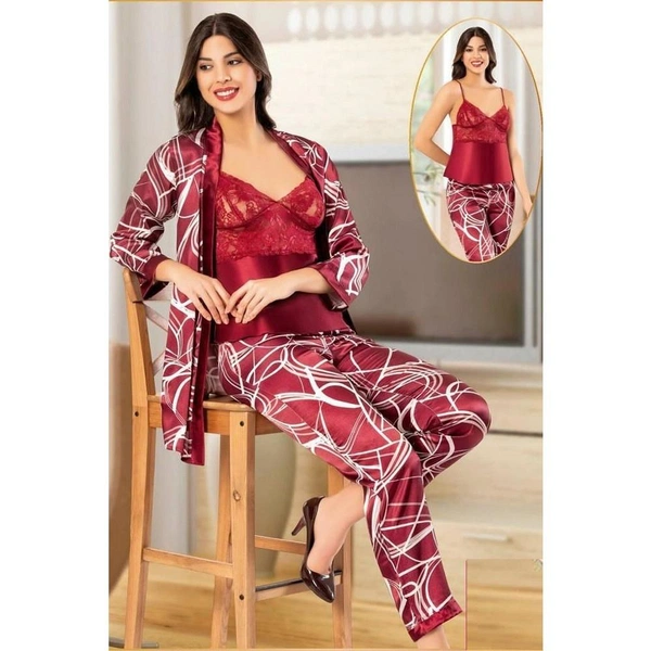 Dijital Desenli Dantelli Saten Empirme 3Lü Sabahlık Pijama Çeyiz Seti XSES 2151