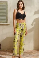 Çiçek Baskılı Dantelli Sabahlık Balenli Desteksiz Dolgusuz Büstiyer Pantolon Pijama 3'lü Takım Anıl 5747 Yeşil detay görünüm